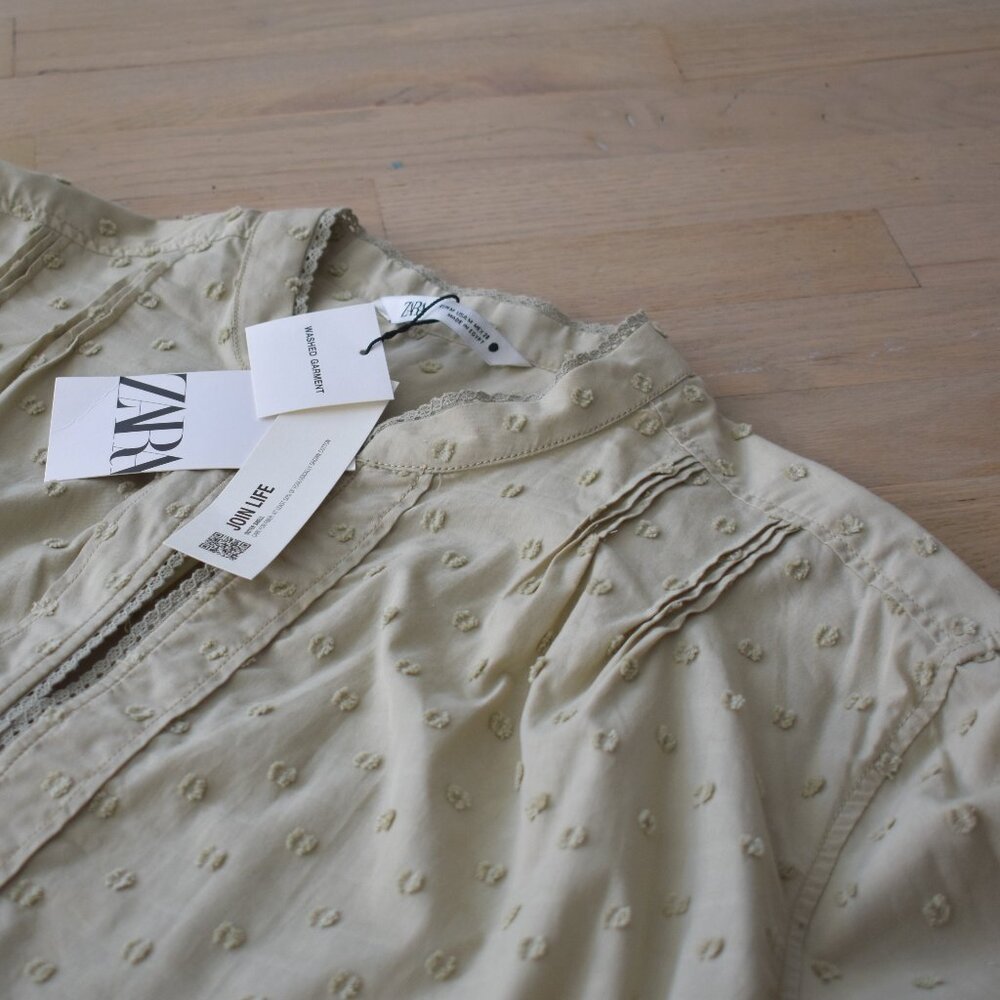 NWT Zara Women's Green Plumetis Oversized Blouse with Lace Trim